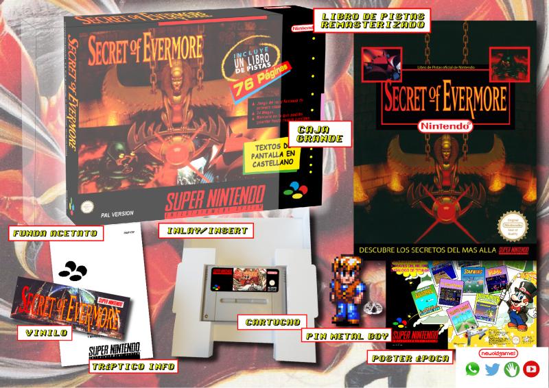 SECRET OF EVERMORE BOG BOX REMASTERIZADO SNES SUPER NINTENDO NEWOLDGAMES CON GUÍA Y EXTRAS